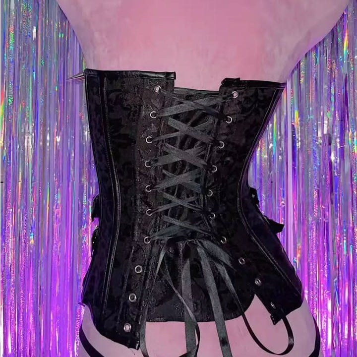 Metal chain skull applique print buckle lace up tube top  | Festival Outfits Women