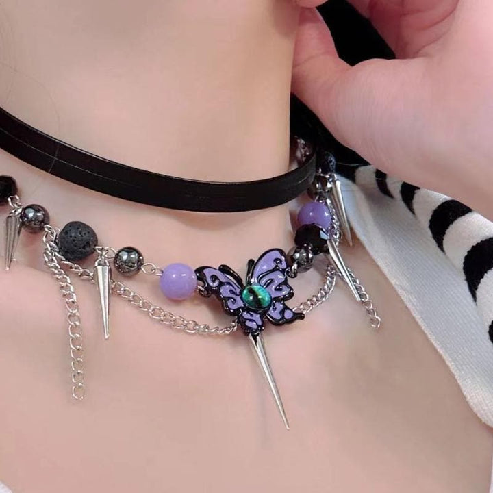 Purple butterfly layered rivet adjustable choker necklace  | Festival Outfits Women