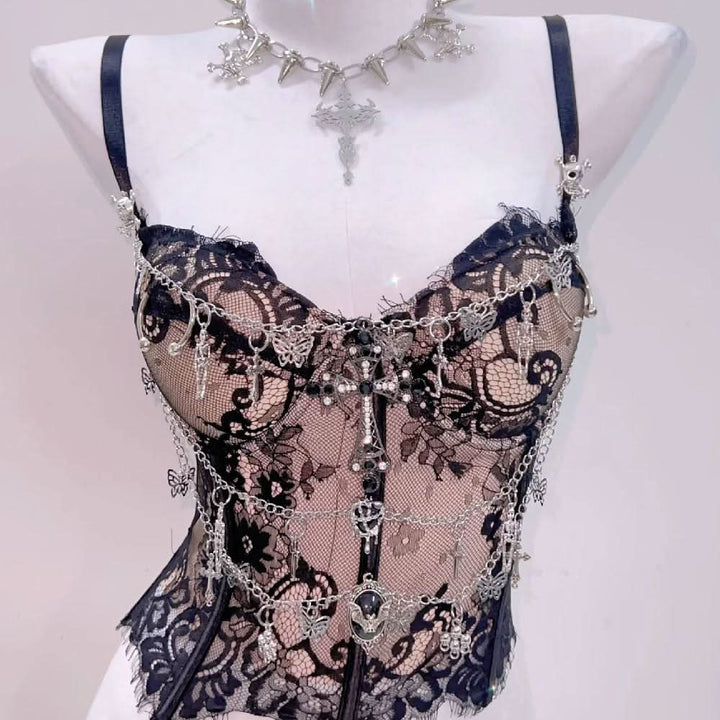 Sweetheart neck lace hem metal chain cami top  | Festival Outfits Women