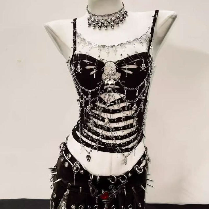 Hollow out metal chain skull applique o ring cami cut out top  | Festival Outfits Women