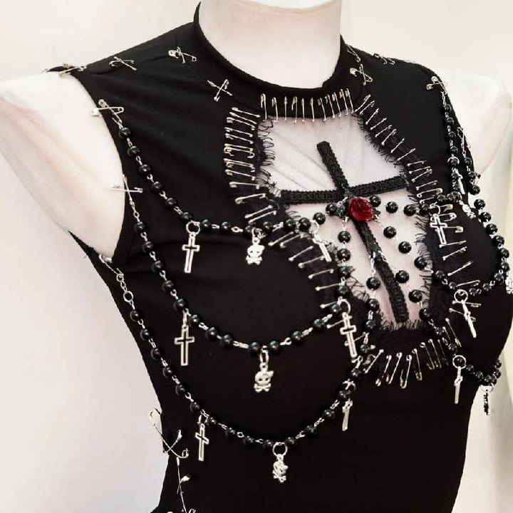 Crewneck beaded flower applique mesh top  | Festival Outfits Women