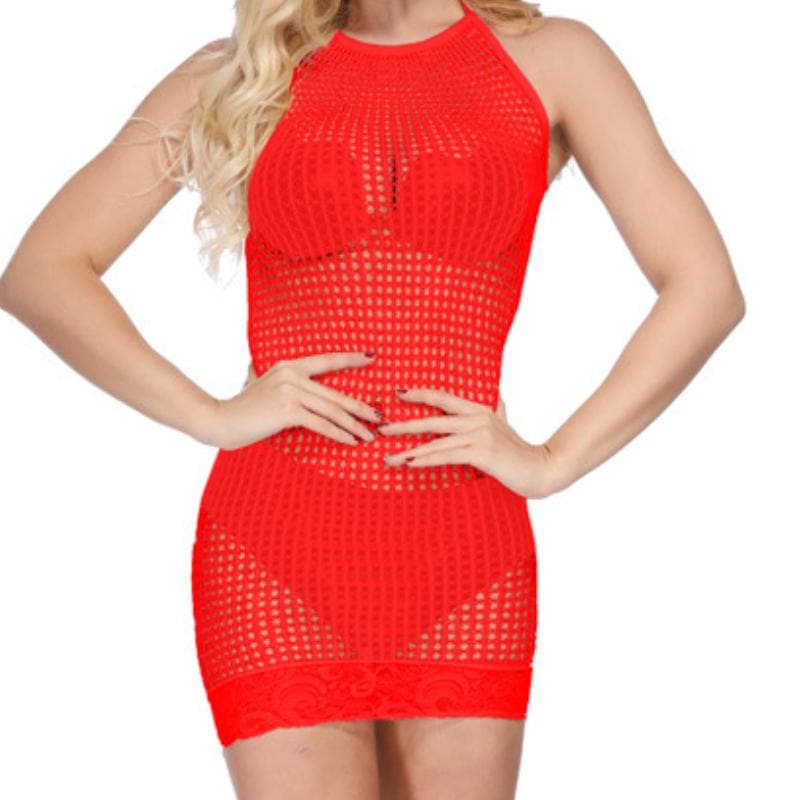 Halter lace hem solid net mini dress  | Festival Outfits Women