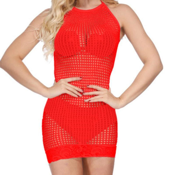 Halter lace hem solid net mini dress  | Festival Outfits Women
