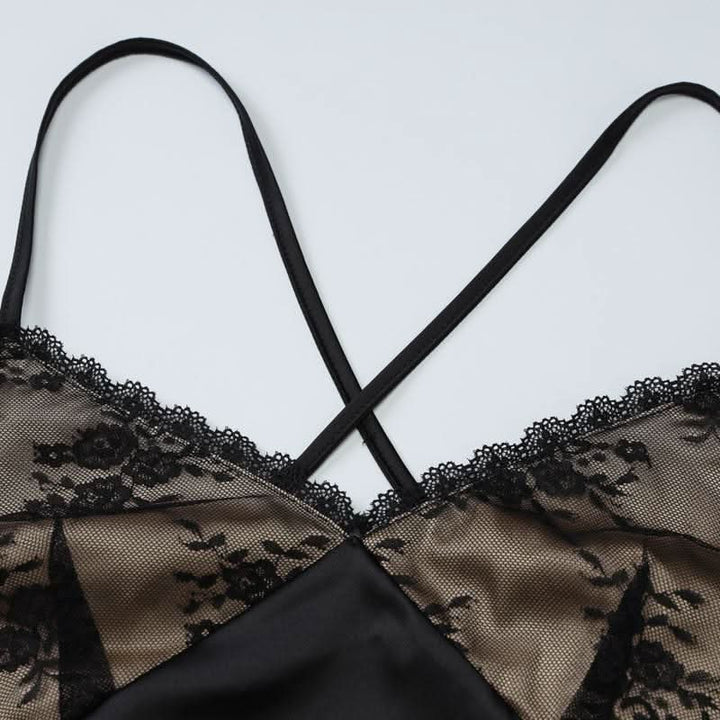 Lace hem v neck zip-up cross back cami maxi dress  | Festival Outfits Women