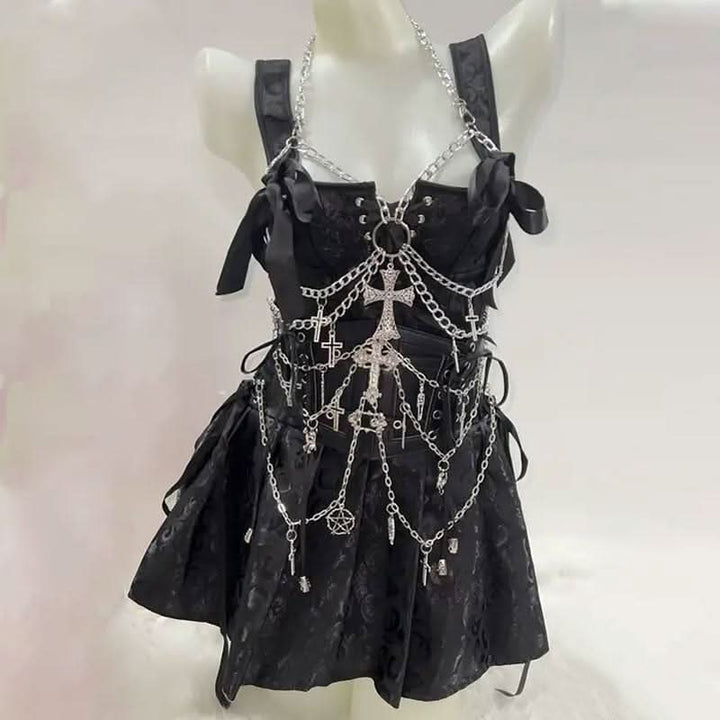 Metal chain cross applique halter o ring top  | Festival Outfits Women