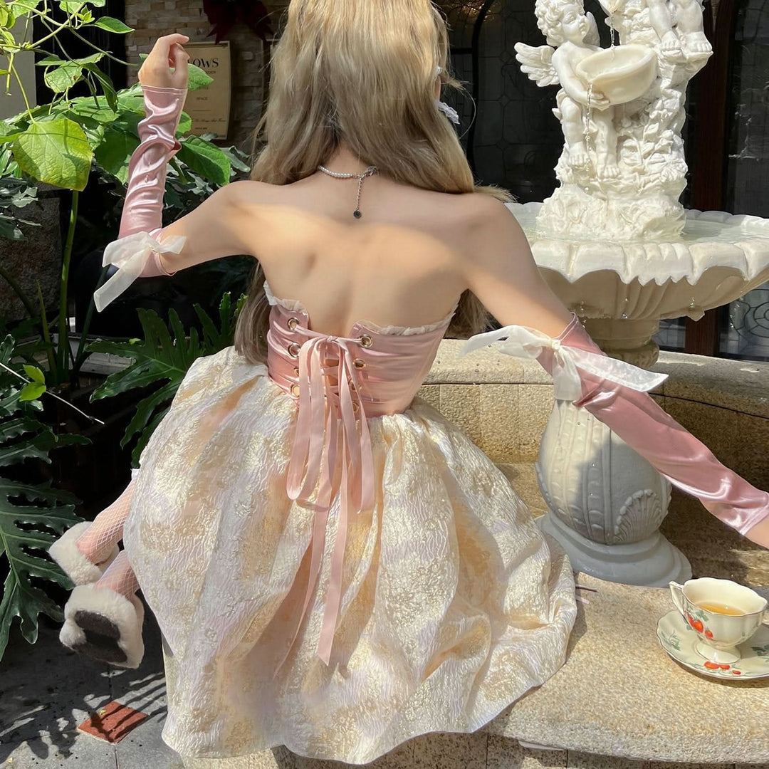 Sweetheart neck gloves drawstring ruffle lace up tube mini dress  | Festival Outfits Women