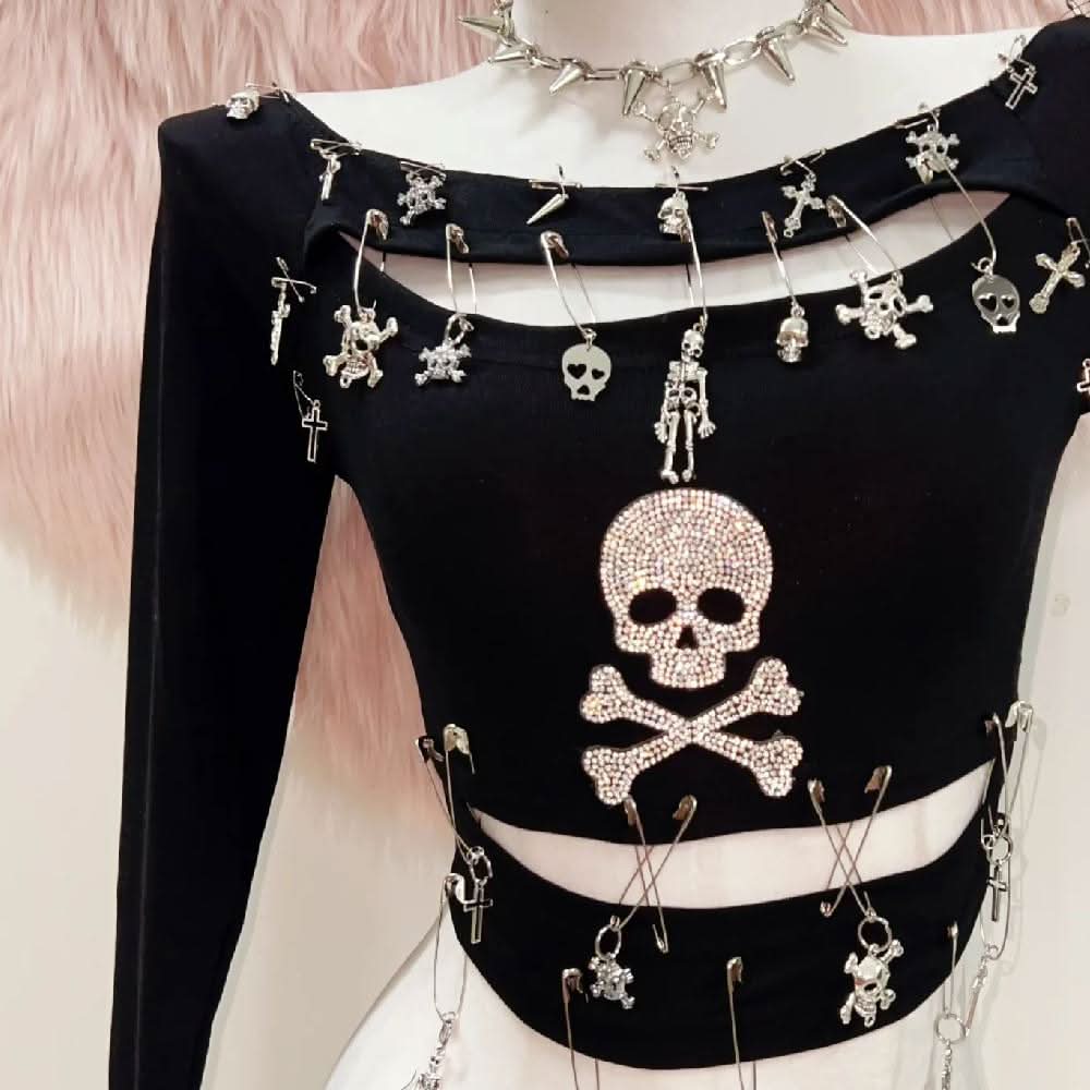 Long sleeve hollow out skull beaded cut out top  | Festival Outfits Women