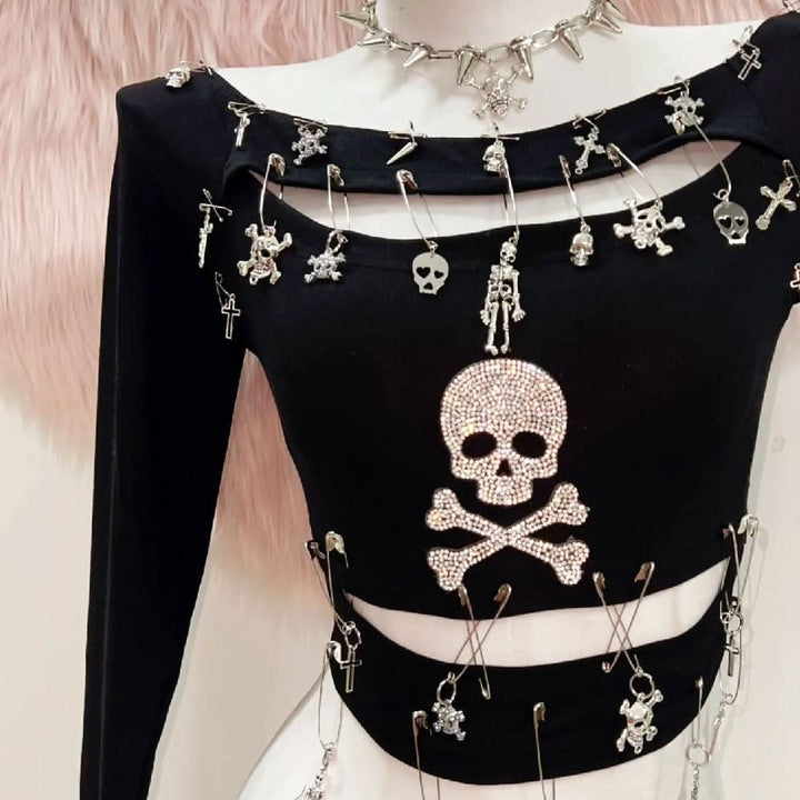 Long sleeve hollow out skull beaded cut out top  | Festival Outfits Women