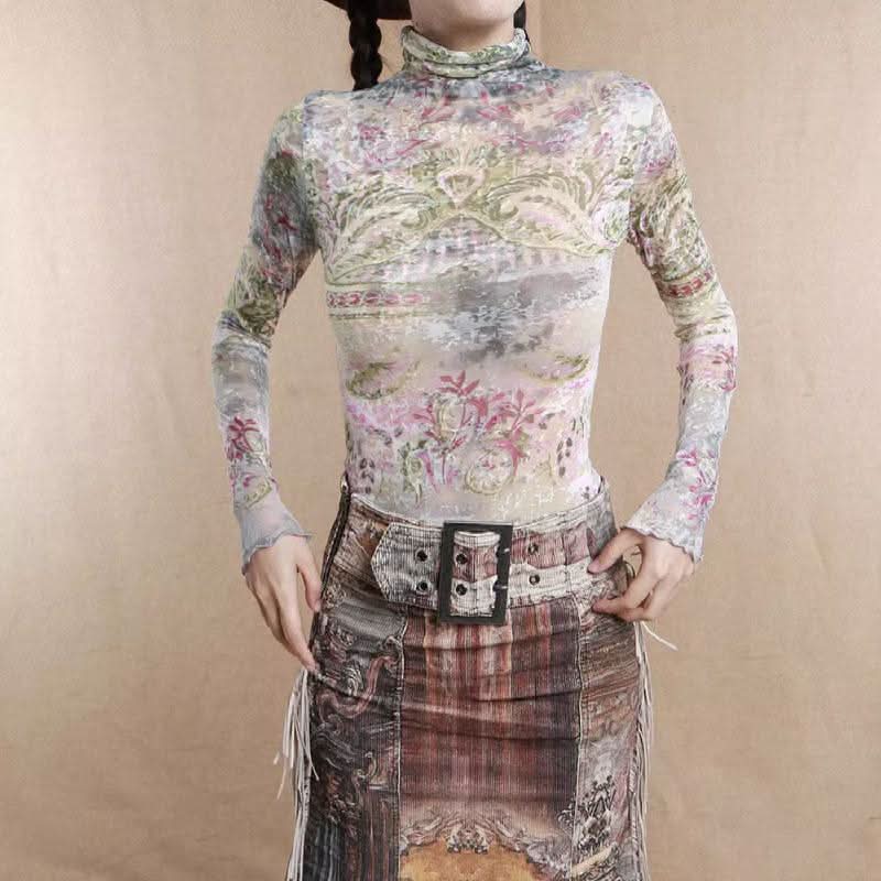 High neck long sleeve print ruffle contrast top  | Festival Outfits Women
