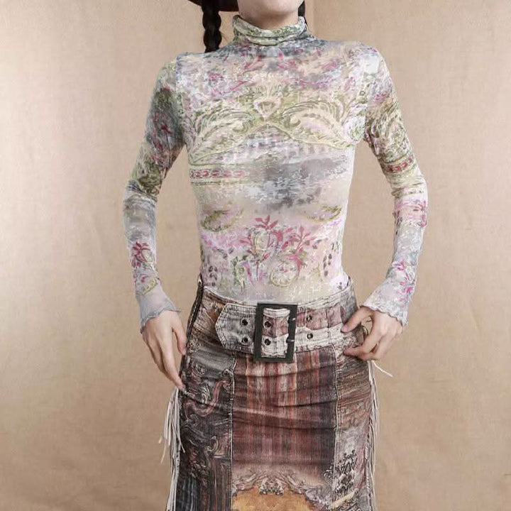 High neck long sleeve print ruffle contrast top  | Festival Outfits Women