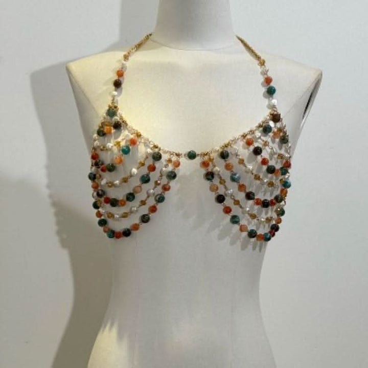 Halter beaded metal chain hollow out crop cut out top  | Festival Outfits Women