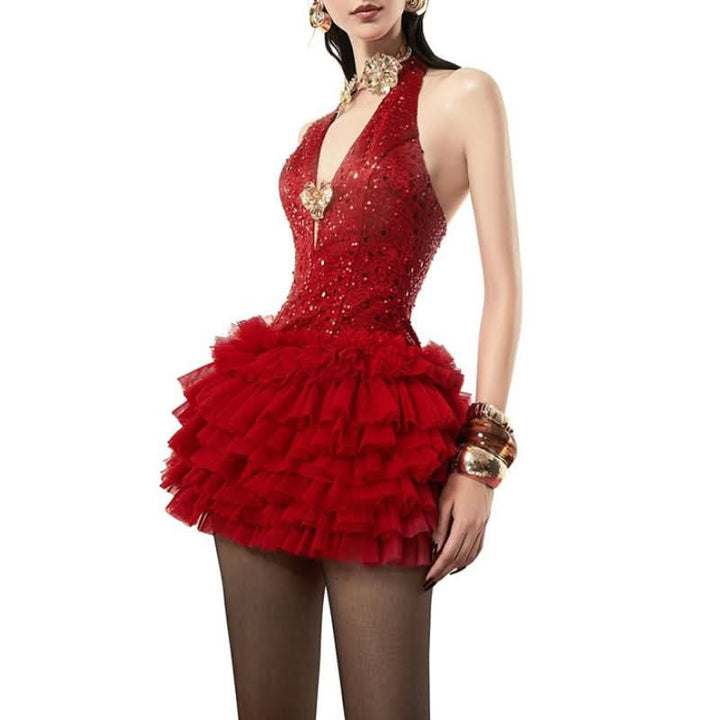 Glitter deep V neck ruched halter ruffle mini dress  | Festival Outfits Women