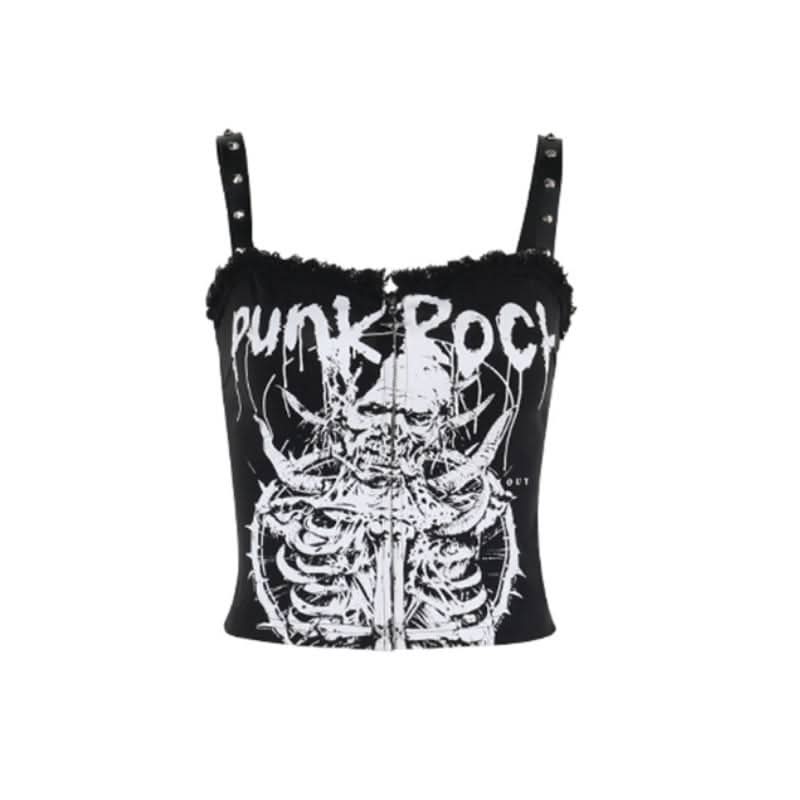 Zip-up letter print rivet applique raw hem cami top  | Festival Outfits Women