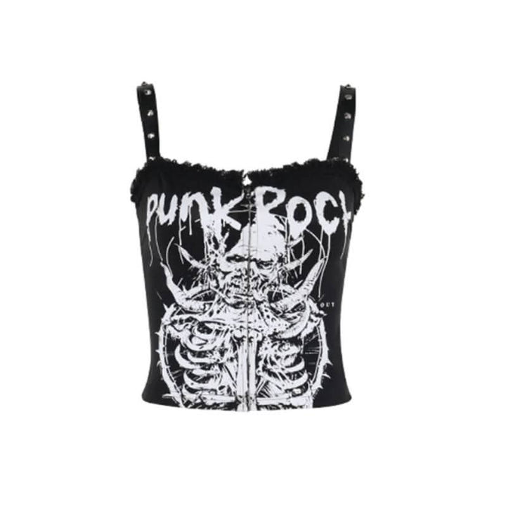 Zip-up letter print rivet applique raw hem cami top  | Festival Outfits Women