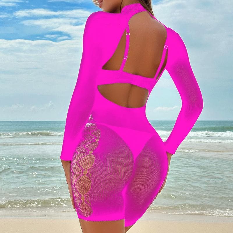 Long sleeve backless high neck net patchwork bodystocking  | Festival Outfits Women
