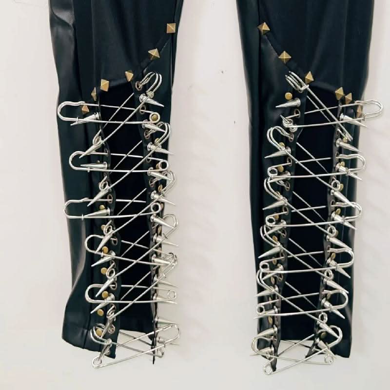 Lace up metal chain hollow out skull applique pant  | Festival Outfits Women