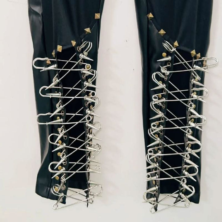 Lace up metal chain hollow out skull applique pant  | Festival Outfits Women
