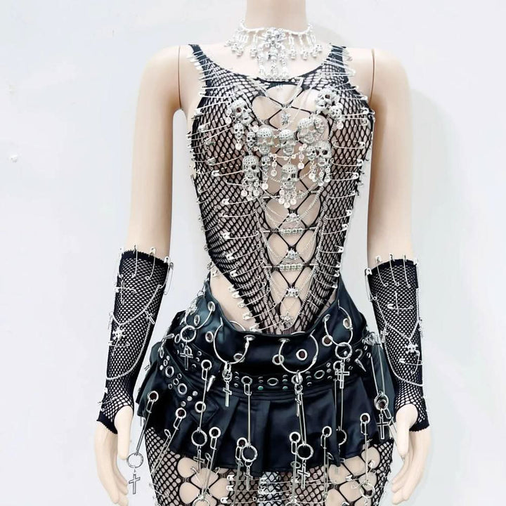 Skull fishnet hollow out tank cut out top  | Festival Outfits Women