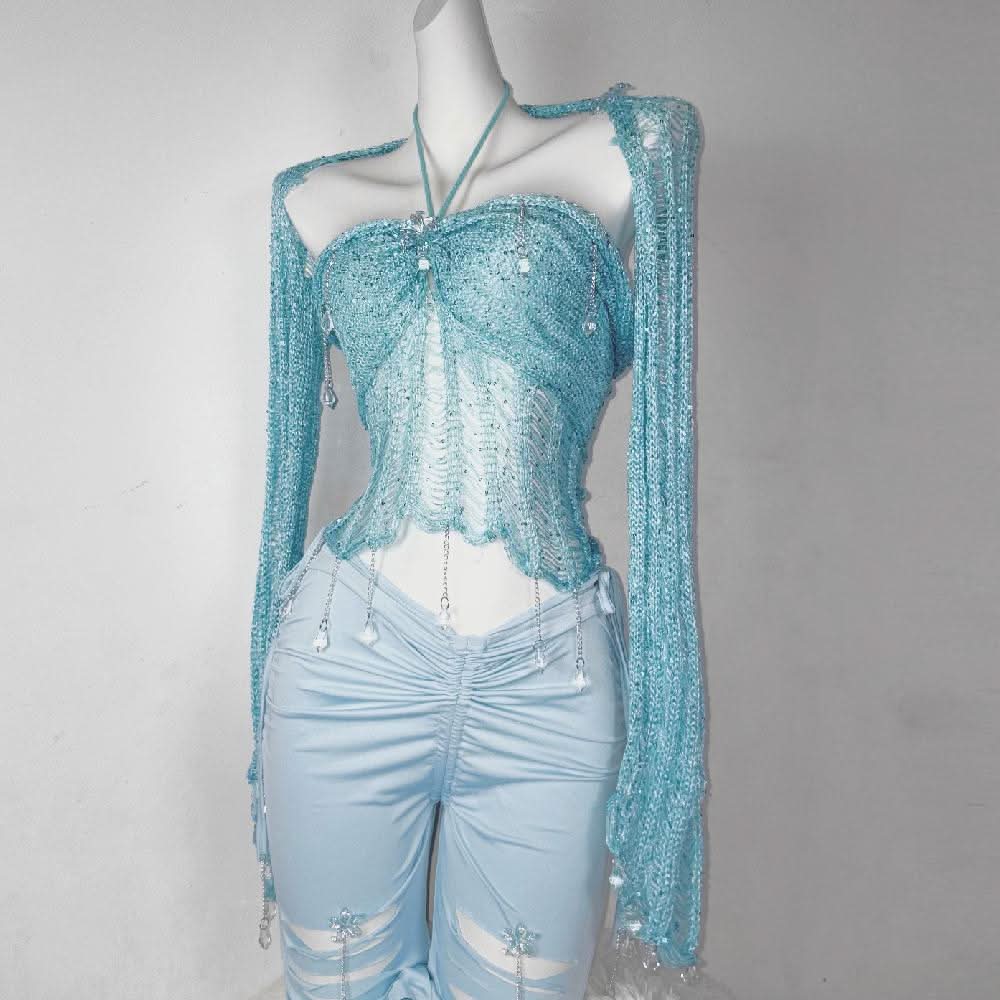 Halter knotted crystal pendant shrug hollow out ruched cut out top  | Festival Outfits Women