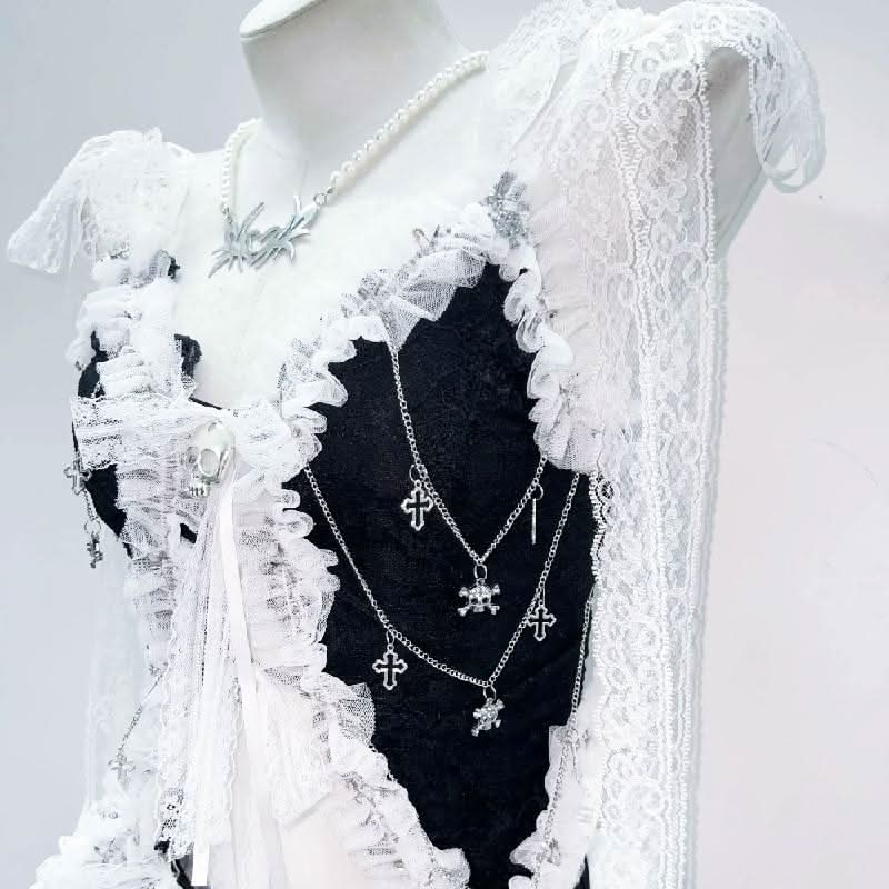 Lace hem self tie bowknot skull applique top  | Festival Outfits Women