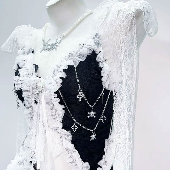 Lace hem self tie bowknot skull applique top  | Festival Outfits Women