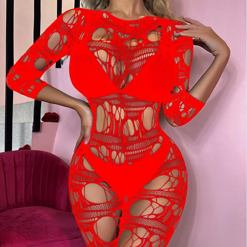 Long sleeve net hollow out padded bodystocking  | Festival Outfits Women