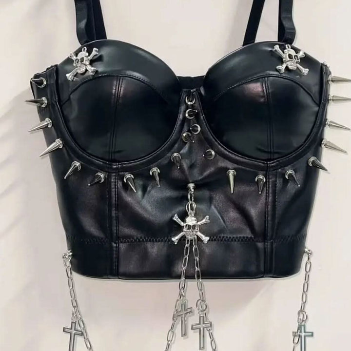 PU leather rivet skull metal chain cami top  | Festival Outfits Women