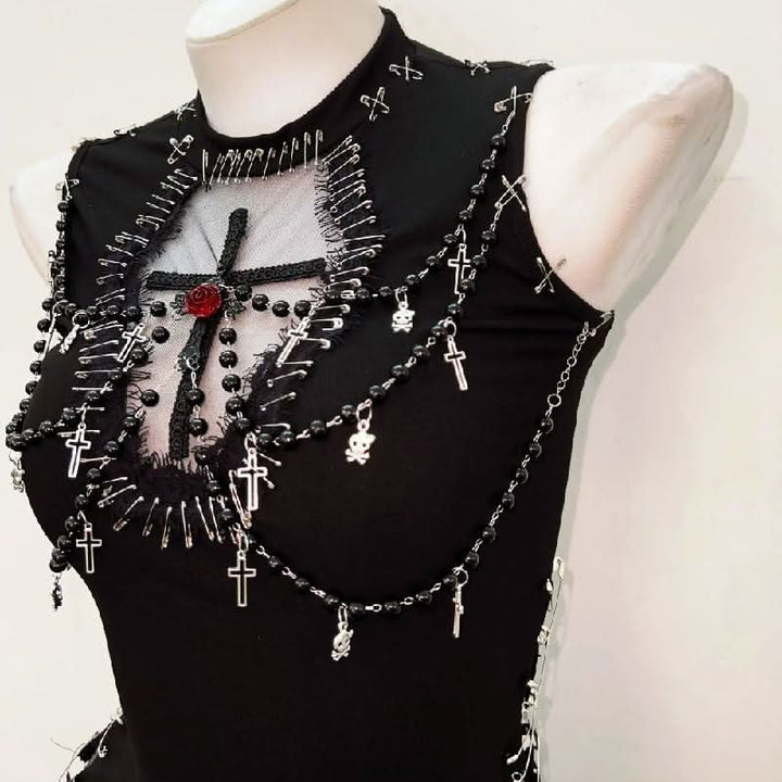 Crewneck beaded flower applique mesh top  | Festival Outfits Women