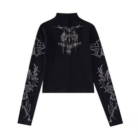 Long sleeve high neck cross print contrast top  | Festival Outfits Women