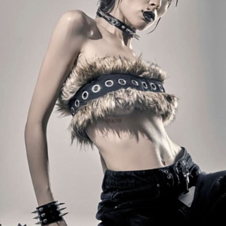 Fluffy backless contrast tube top  | Festival Outfits Women