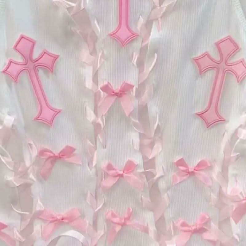 Crewneck bowknot cross pattern lace up ribbon top  | Festival Outfits Women