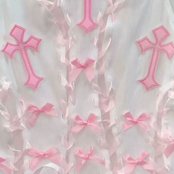 Crewneck bowknot cross pattern lace up ribbon top  | Festival Outfits Women