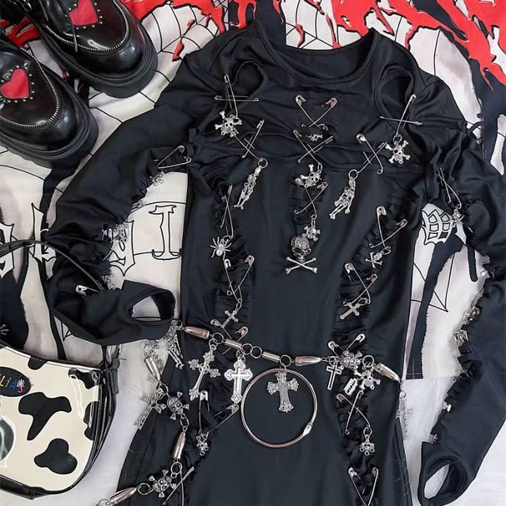 Long sleeve hollow out o ring skull applique cut out mini dress  | Festival Outfits Women