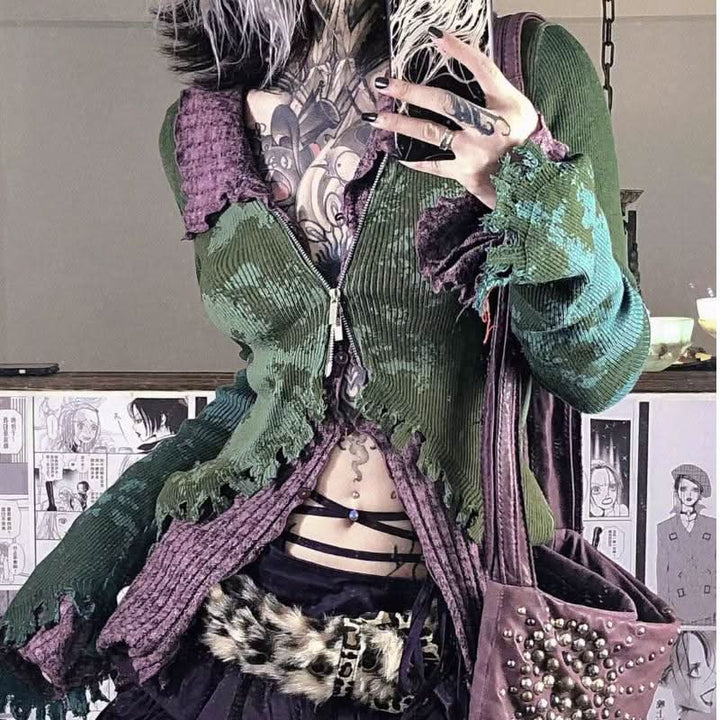 Long flared sleeve turnover collar zip-up tie dye ruffle top  | Festival Outfits Women-final-sale