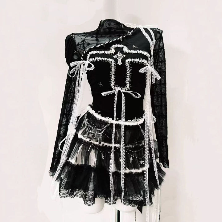 Long sleeve lace hem mesh cross pattern top  | Festival Outfits Women