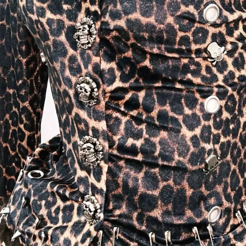 Leopard print long sleeve fluffy skull applique mini skirt set  | Festival Outfits Women  | Leopard Print Mini Dress