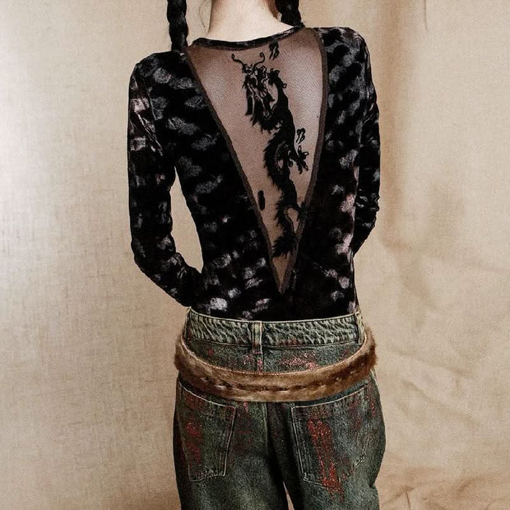 Long sleeve deep V neck beaded mesh bodysuit  | Festival Outfits Women