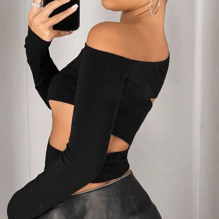 One shoulder long sleeve hollow out cut out top  | Festival Outfits Women