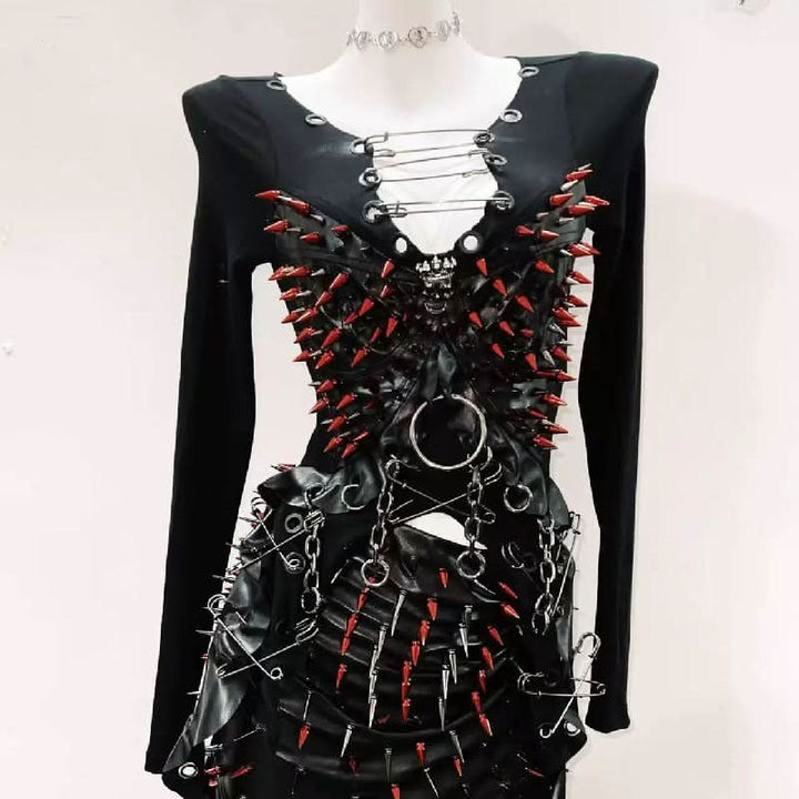 Long sleeve rivet metal chain PU leather top  | Festival Outfits Women
