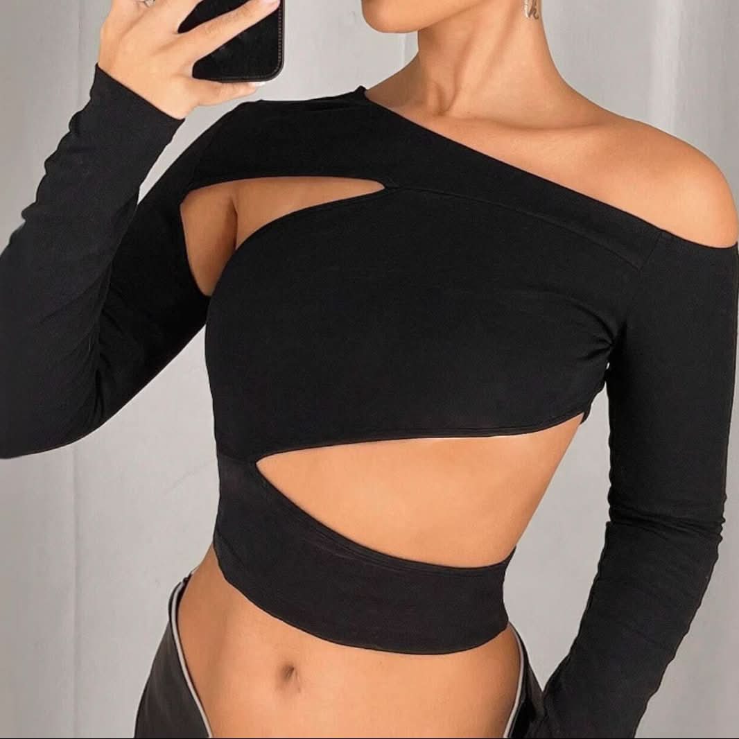 One shoulder long sleeve hollow out cut out top  | Festival Outfits Women