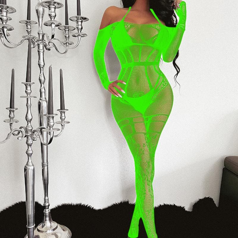 Long sleeve halter off shoulder lace bodystocking  | Festival Outfits Women
