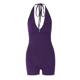 Halter low cut ruched solid backless romper  | Festival Outfits Women