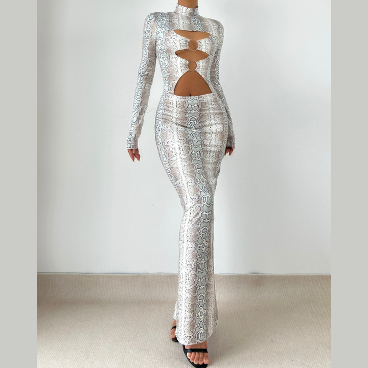 Hollow out long sleeve snakeskin print o ring cut out maxi dress  | Festival Outfits Women-final-sale