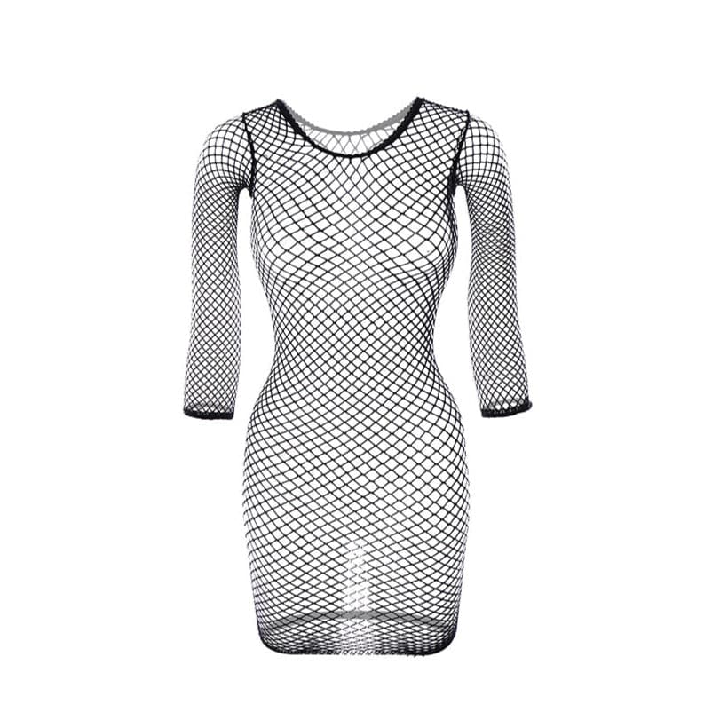 Long sleeve crewneck fishnet solid mini dress  | Festival Outfits Women
