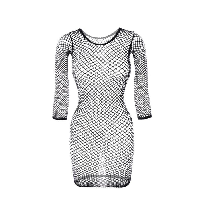 Long sleeve crewneck fishnet solid mini dress  | Festival Outfits Women