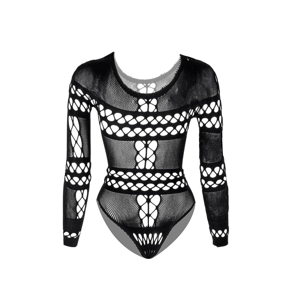 Long sleeve hollow out fishnet bodysuit  | Festival Outfits Women