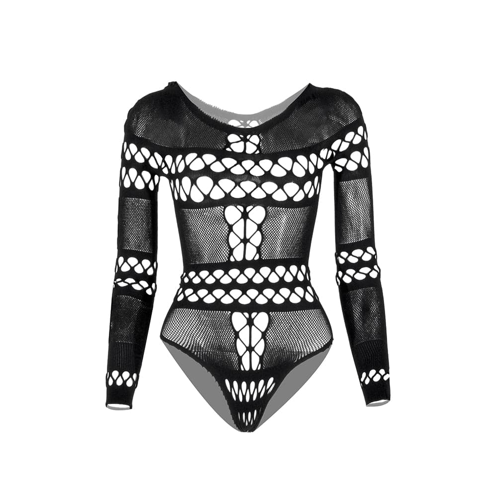 Long sleeve hollow out fishnet bodysuit  | Festival Outfits Women