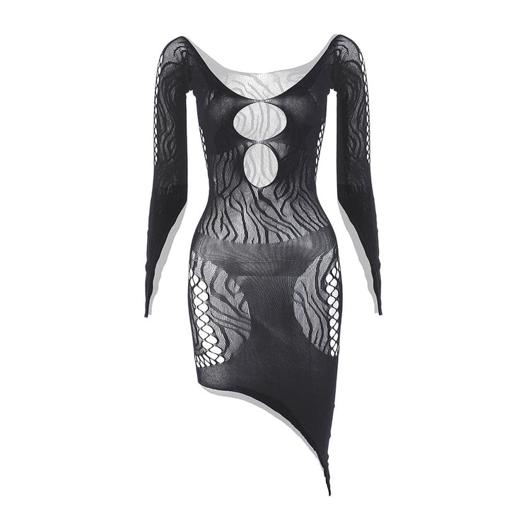 Long sleeve zebra hollow out mesh cut out mini dress  | Festival Outfits Women