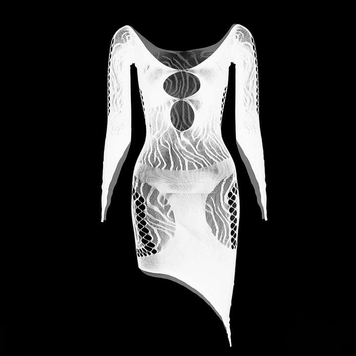 Long sleeve zebra hollow out mesh cut out mini dress  | Festival Outfits Women