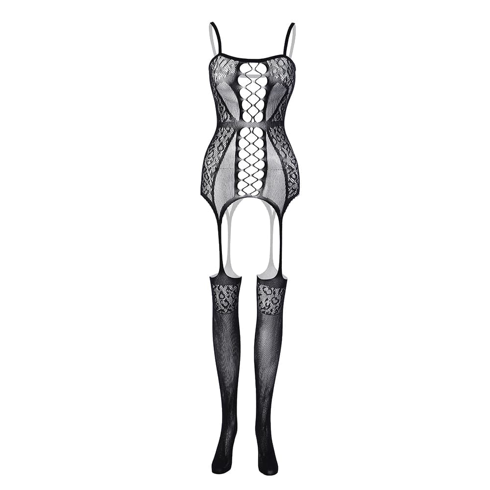 Lace patchwork suspender mesh bodystocking  | Festival Outfits Women